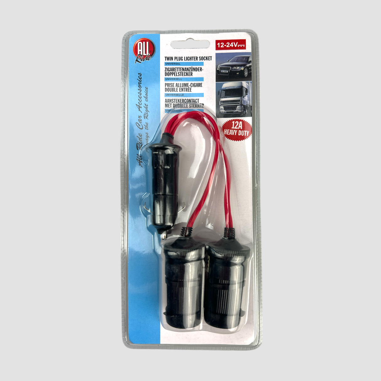12V/24V cigartænderfordeler med to strømudtag i blisterpakning, produktbillede