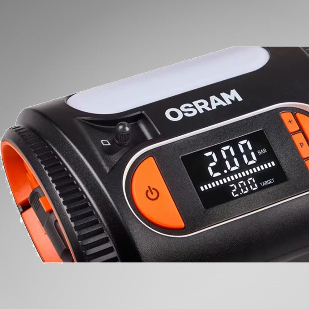 Nærbillede af Osram TYREinflate 2120 digitalt display med bar-værdi og målværdi