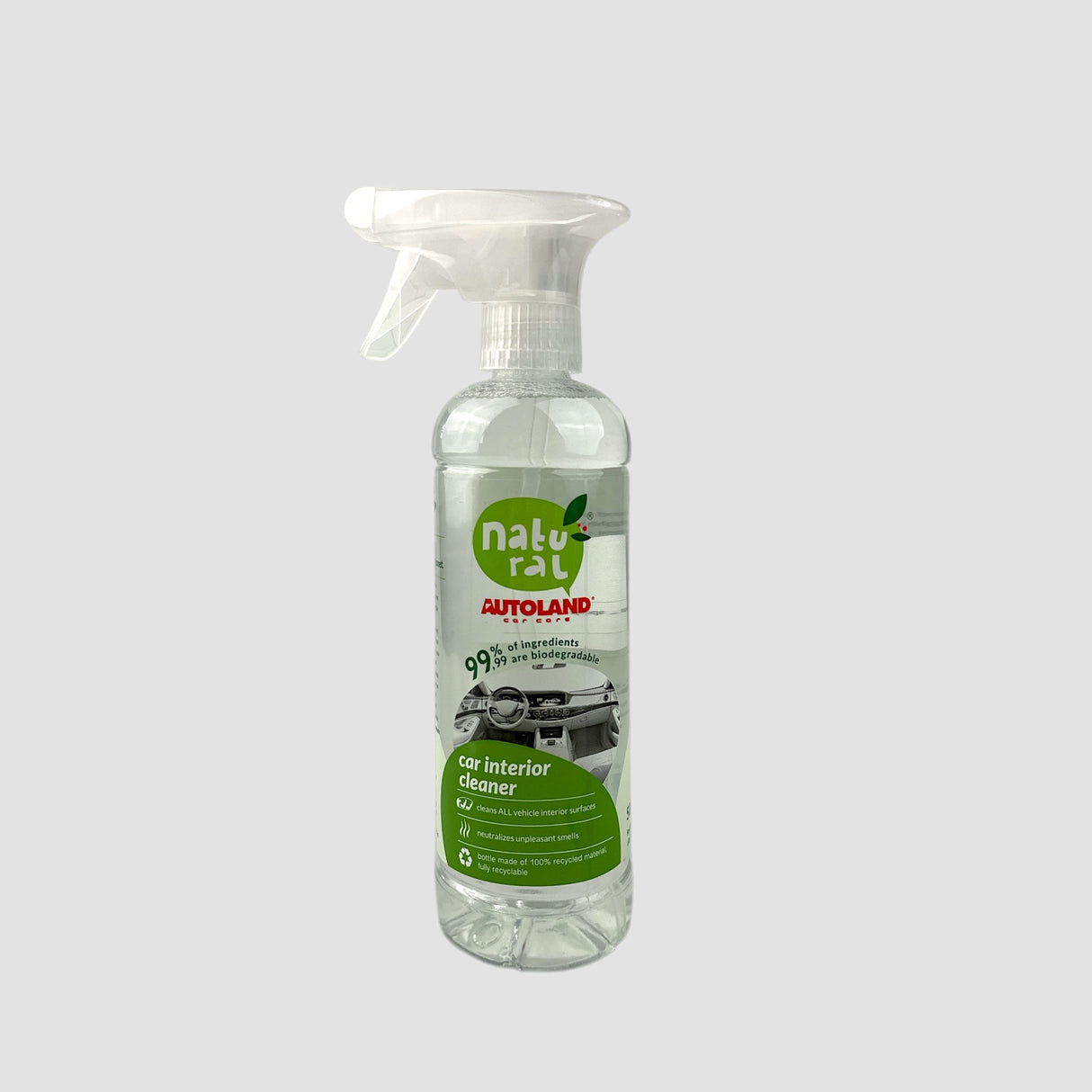 Autoland interiørrens sprayflaske med grøn label, velegnet til rengøring af bilens kabine.