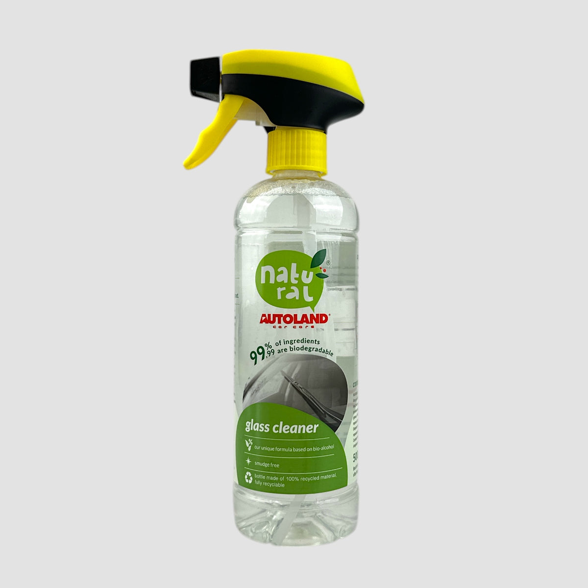 Autoland glasrens sprayflaske med gul hætte, egnet til rengøring af glas og spejle.