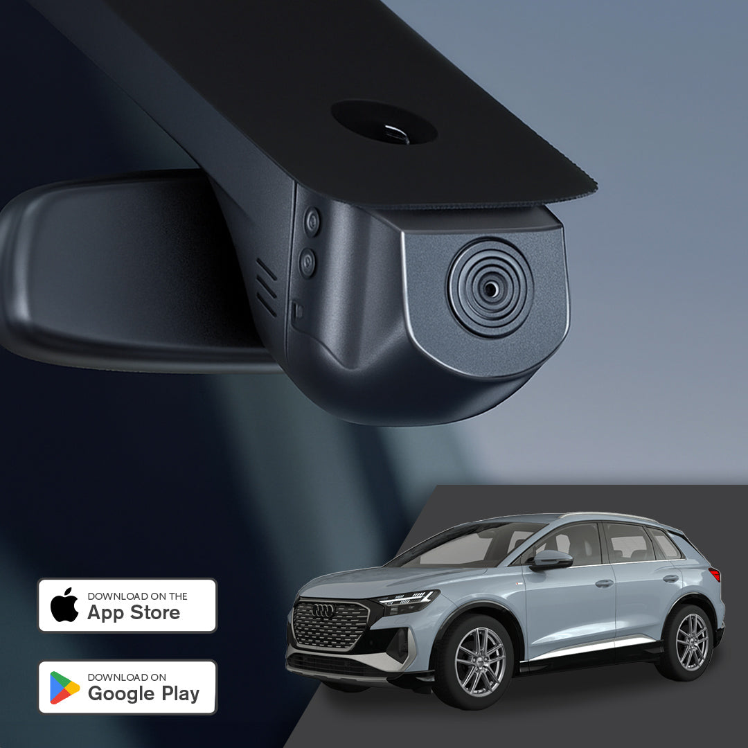 GCG MAX 4K Dashcam monteret ved bakspejlet i Audi Q4 e-tron, med reklame for gratis app til iOS og Android
