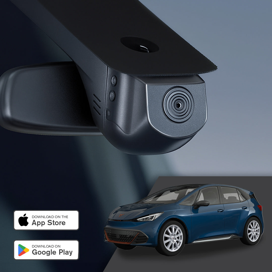 GCG MAX 4K Dashcam til Cupra Born - promobillede med kamera og app-download links