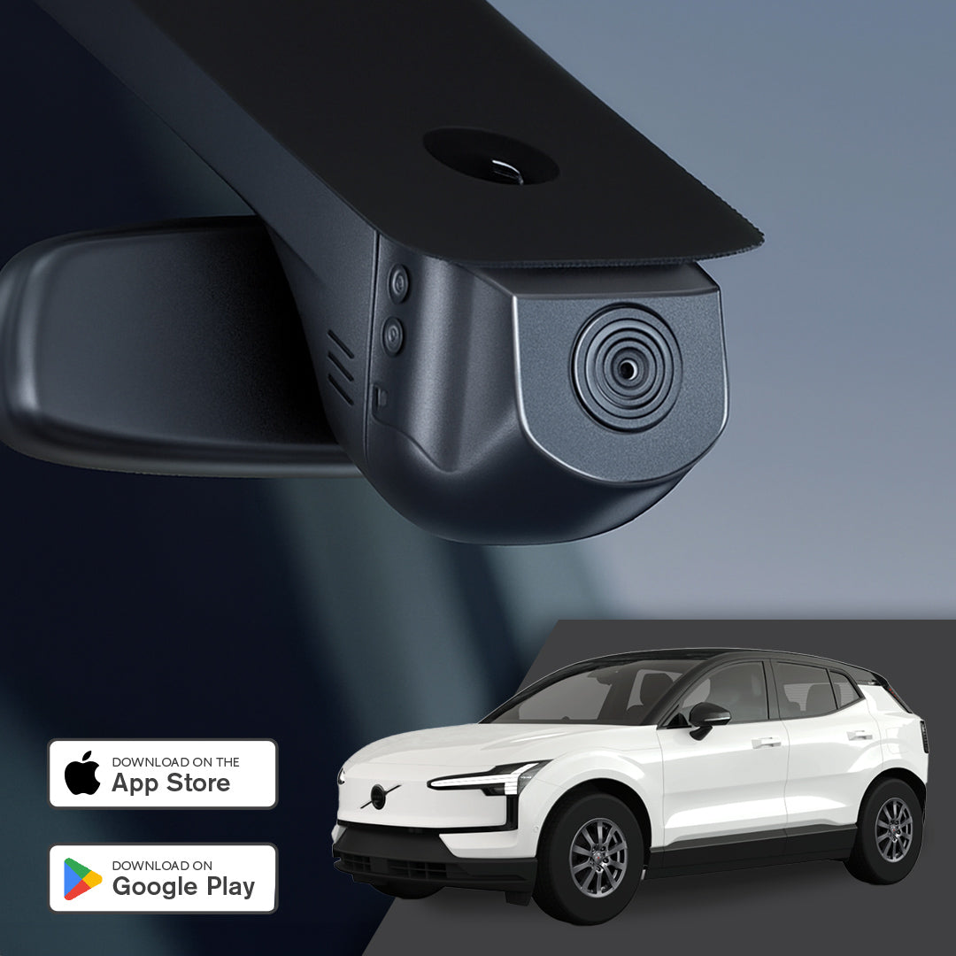 GCG MAX 4K Dashcam monteret ved bakspejlet i Volvo EX30, med reklame for gratis app til iOS og Android
