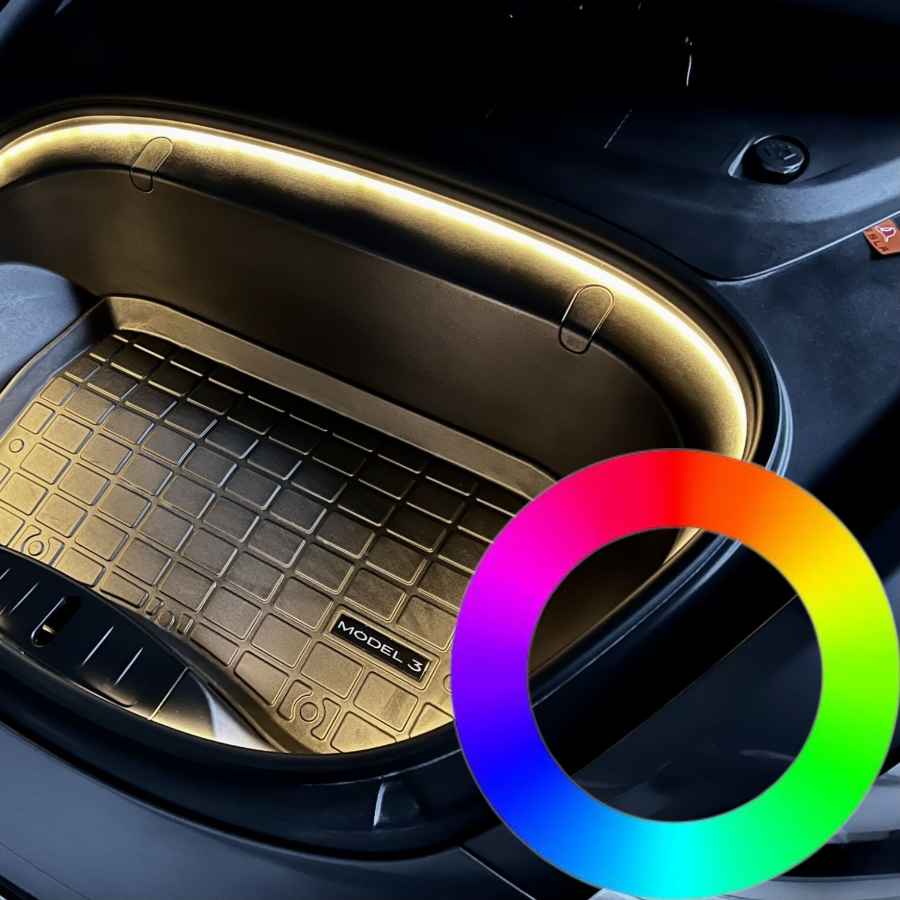 Frunk LED RGB lysbånd i Tesla Model 3/Y med farvehjul.
