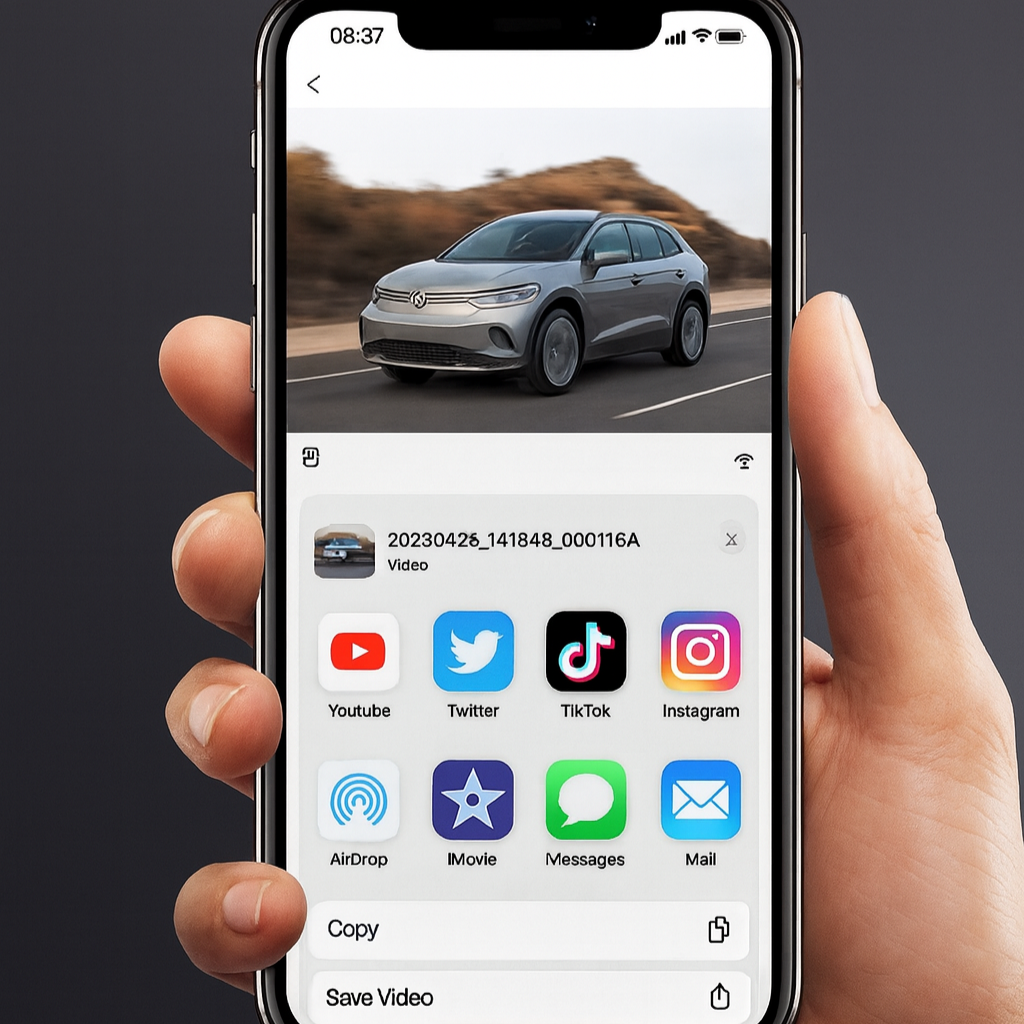 GCG MAX Dashcam app viser video på smartphone med deletmuligheder til YouTube, Twitter, TikTok og Instagram