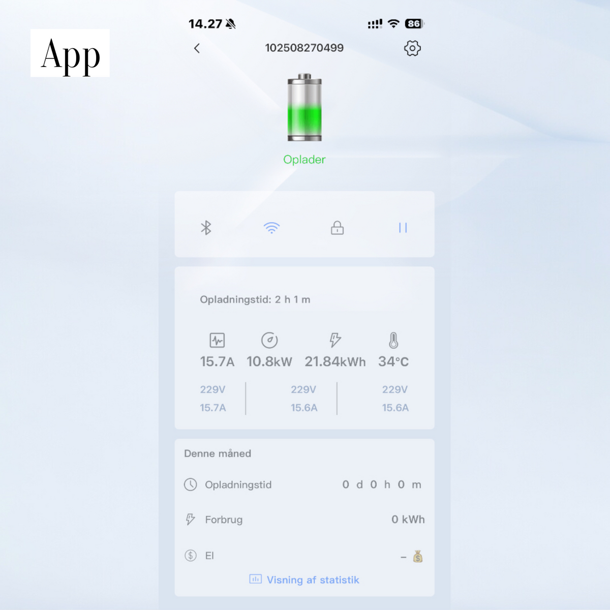 GCG MAX lader app visning med batteriprocent og opladningsstatistik