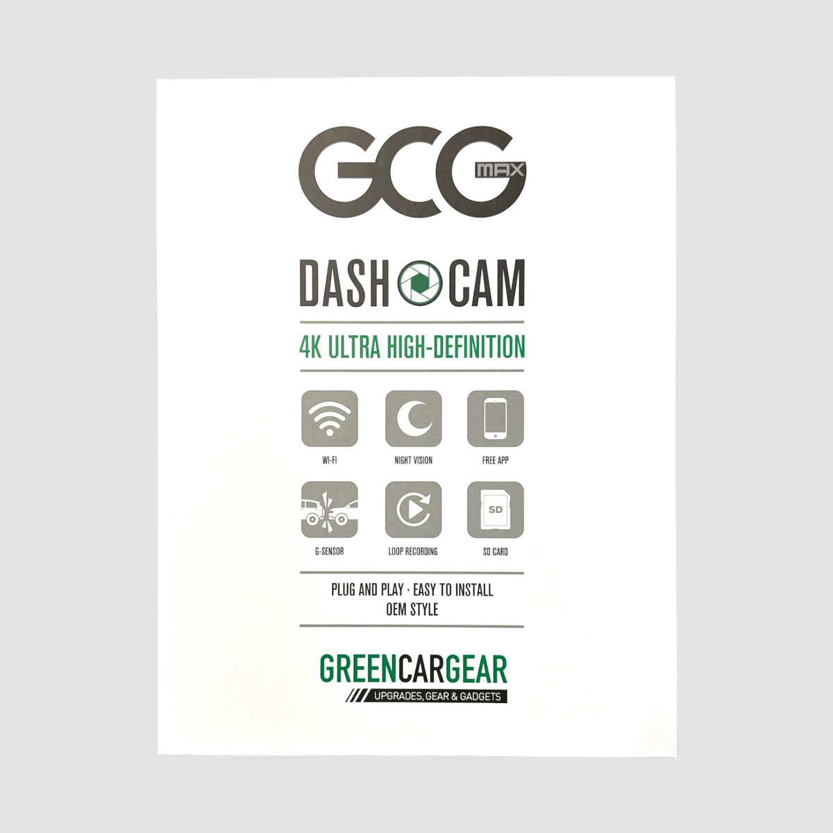 GCG MAX Dashcam 4K infografik med ikoner for WiFi, night vision, app, G-sensor, loop recording og SD-kort