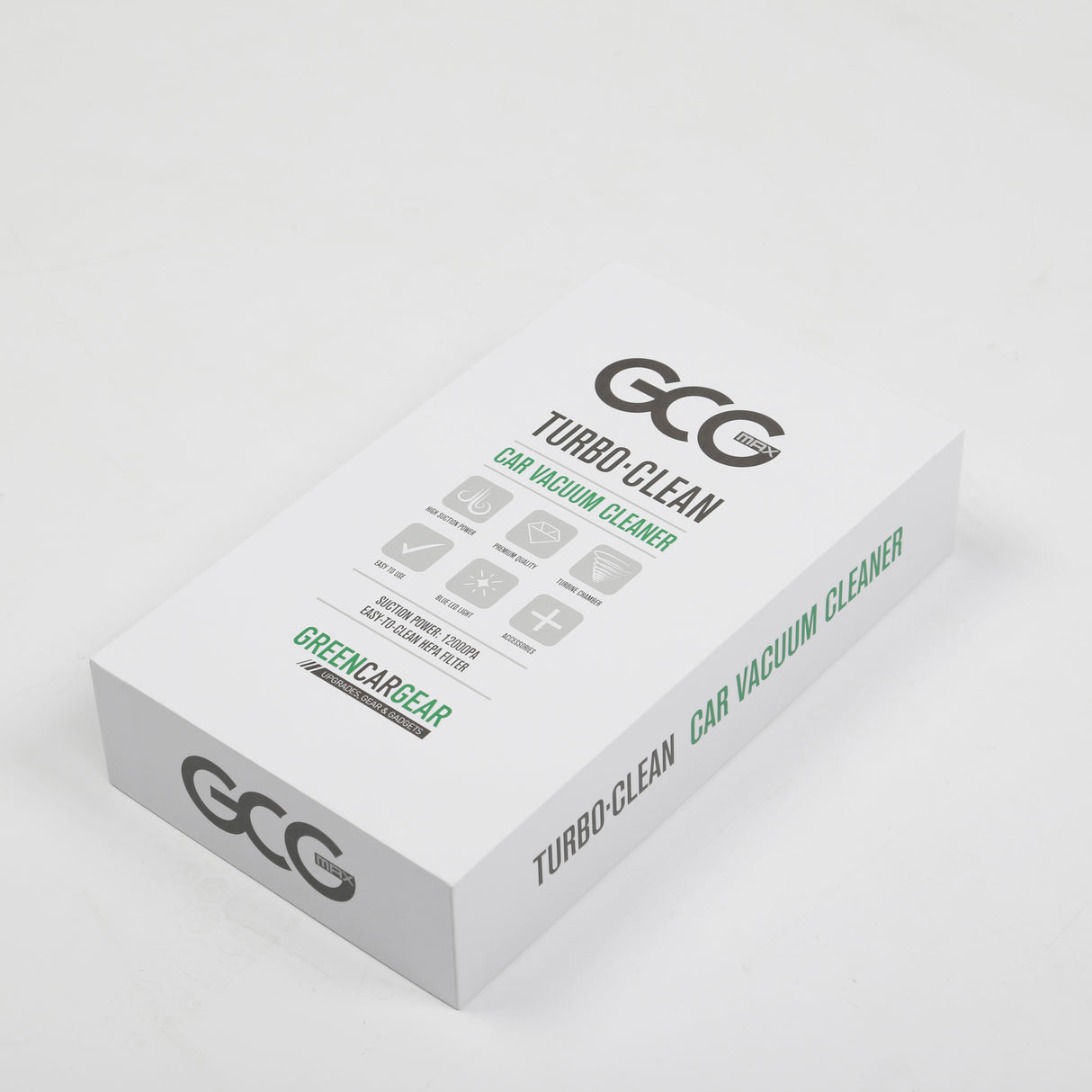 GCG MAX TurboClean bilstøvsuger æske med logo og produktoplysninger