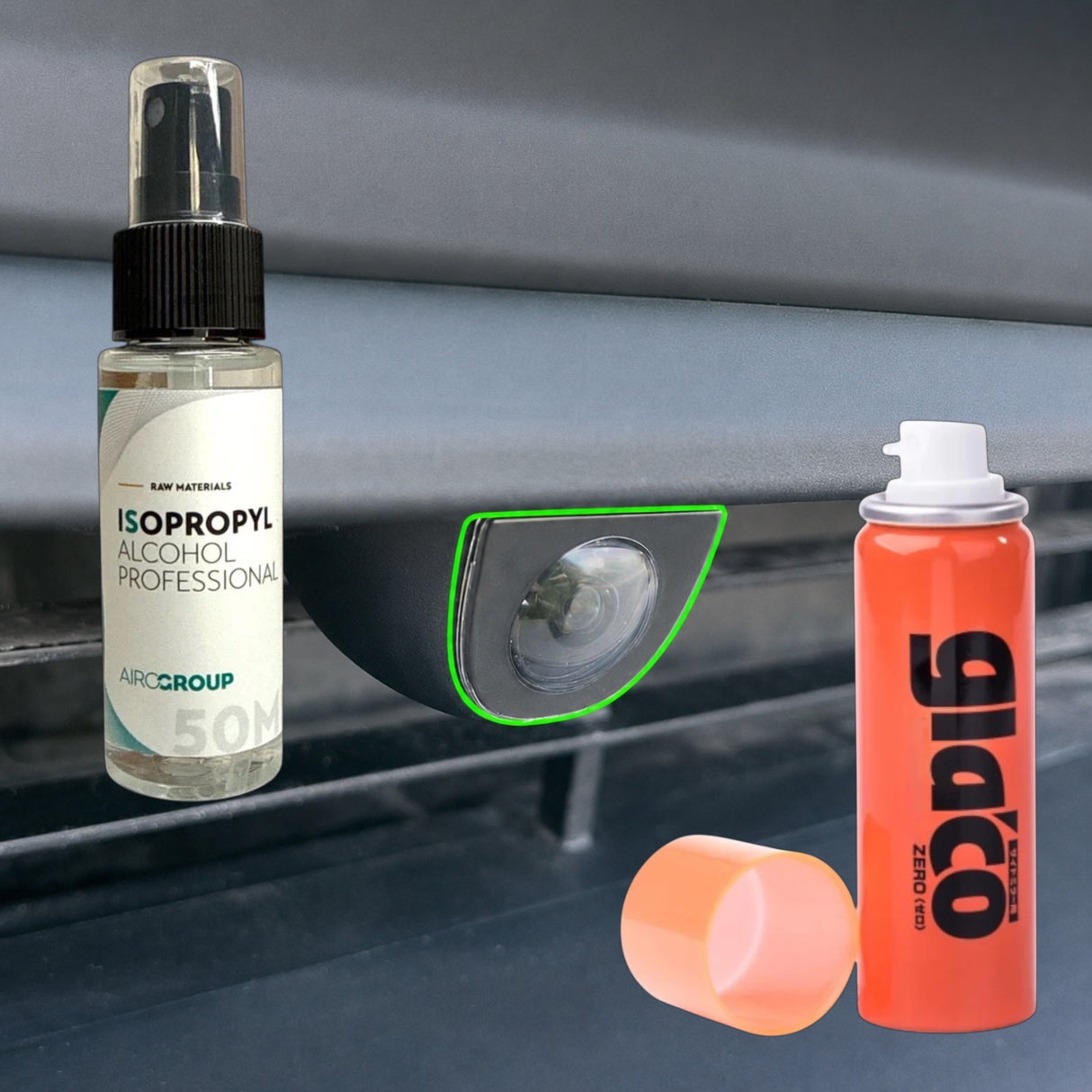 Kameracover-pakke med isopropylalkohol, markering af bilkameraets placering og Glaco Mirror Coat Zero spray