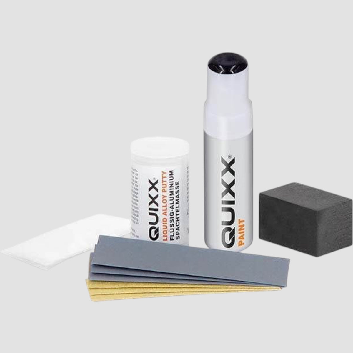 Quixx reparationssæt til fælge med aluminiumsspartelmasse, maling og fil.