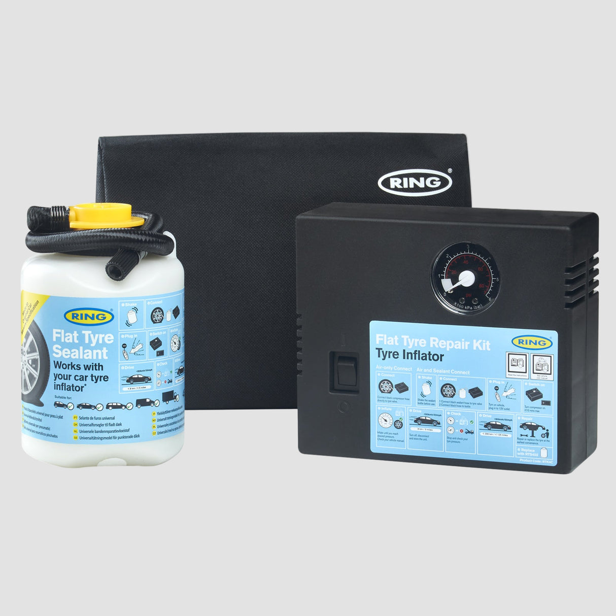 Ring RTK4 dækreparationskit med sealant og tyre inflator på en hvid baggrund.