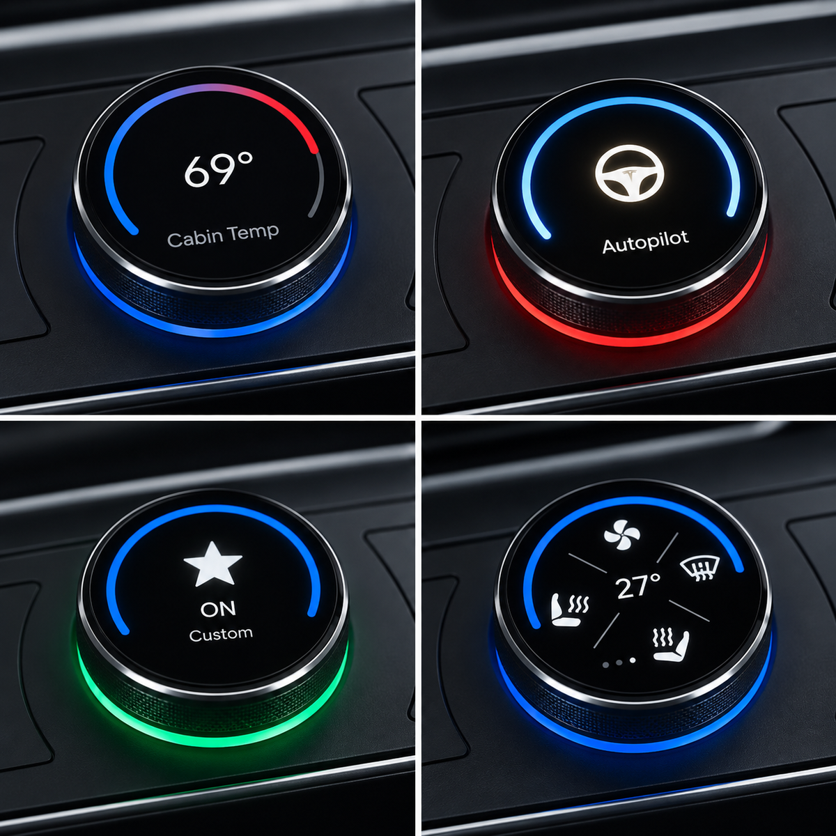 S3XY Knob til Tesla Model 3/Y – drejeknap med farvet lysring og fire visninger: kabinetemperatur, Autopilot, brugerdefineret og klima