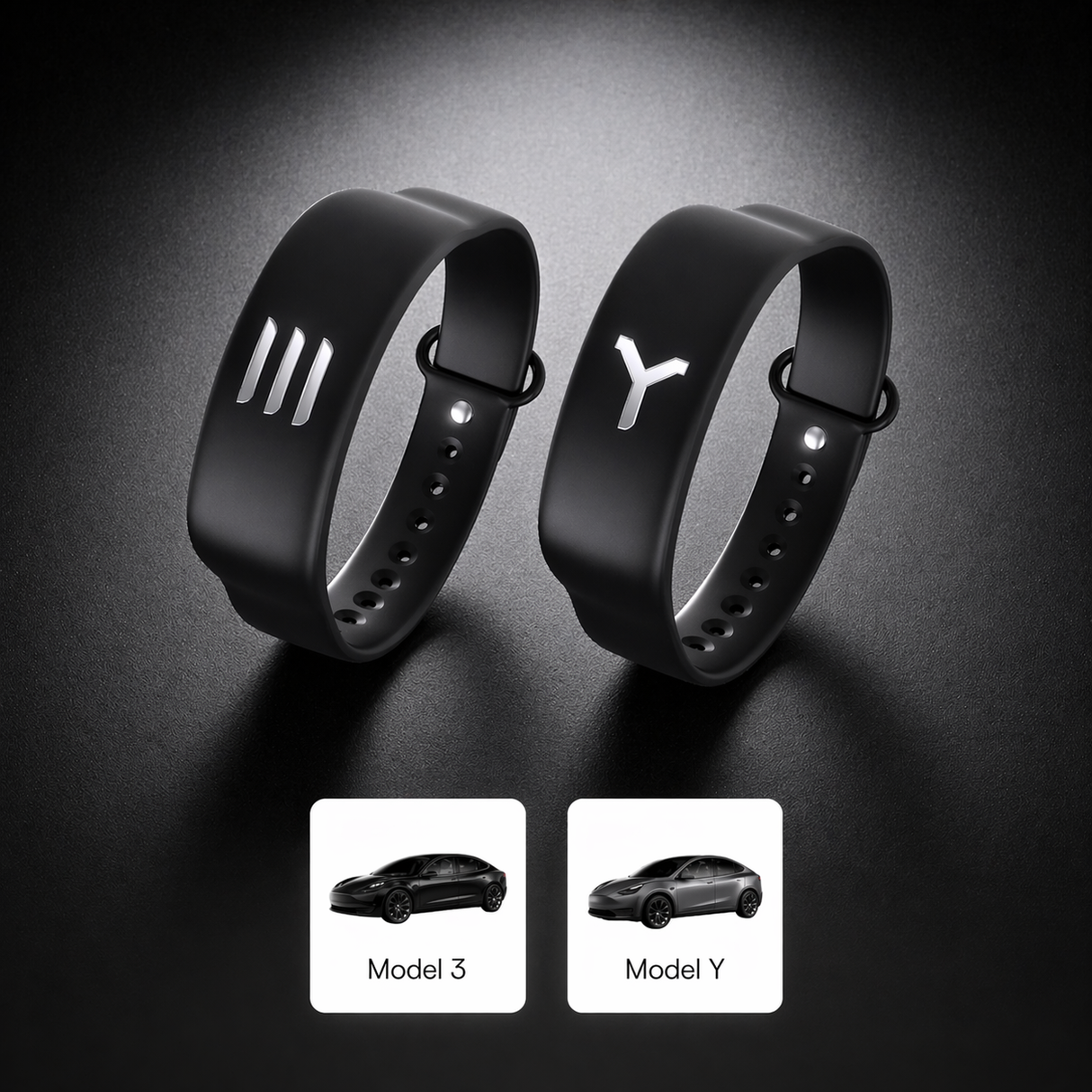 To sorte Tesla armbånd hvor der står 3 og Y på