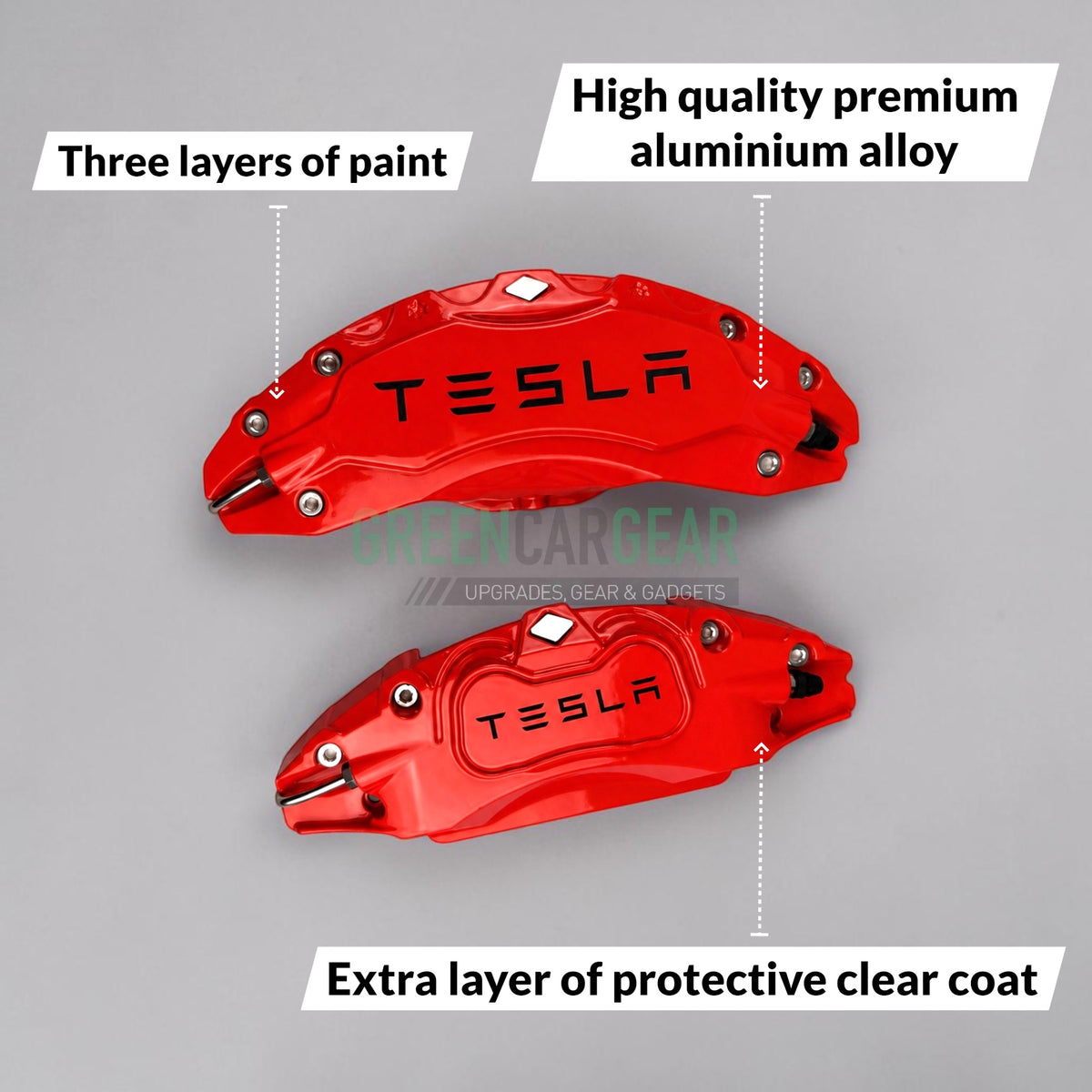 Infografik med røde bremsekalibercovers med TESLA-tekst og fremhævede egenskaber som tre lag lak og premium aluminiumslegering