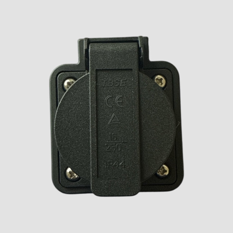 V2L Type 2 til 230V stikdåse med logo og specifikationer.