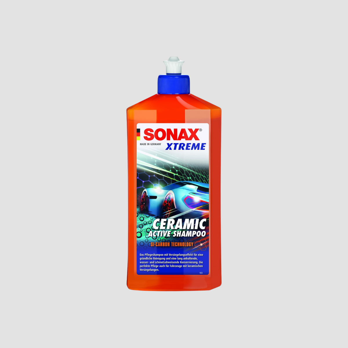Orange flaske SONAX Xtreme Ceramic Active Shampoo 500 ml med blåt låg