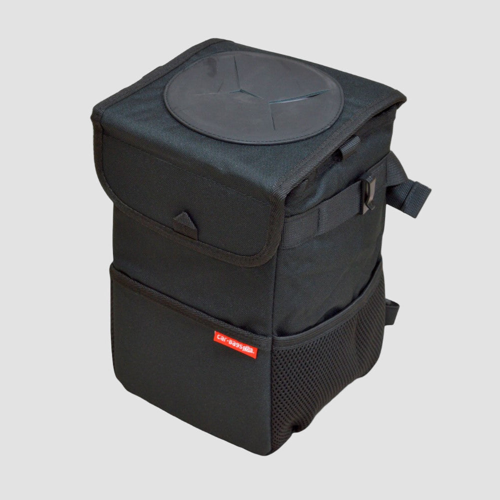 Car-Bags sort bilaffaldsspand med låg og mesh sidelommer på grå baggrund