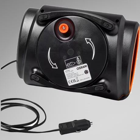 Bagsiden af Osram TYREinflate 2120 med typeskilt og cigarettænderledning strakt ud