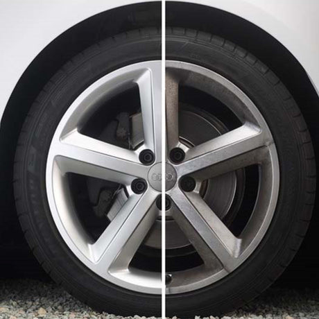 Før/efter billede af bilhjul med Autoglym Wheel Protector, viser forskellen på skinnende og snavset fælg