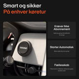 OOONO Co-Driver No1 monteret på blæser i bilen med tekst om ingen abonnement, automatisk start og fællesskab