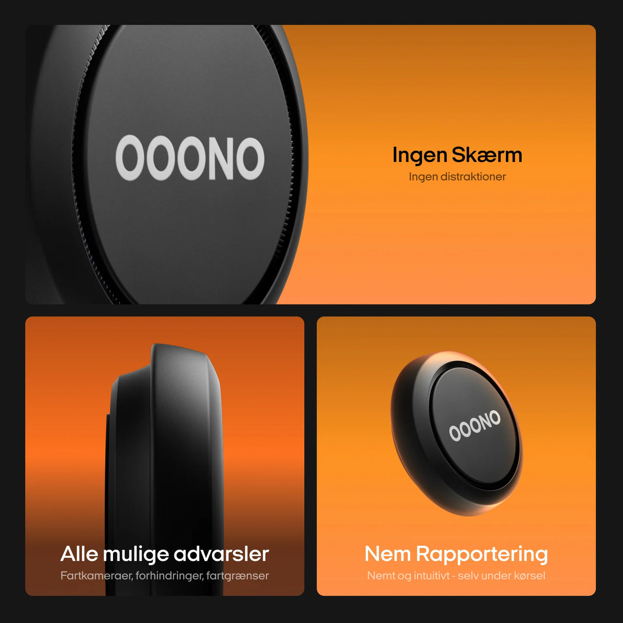 OOONO Co-Driver No1 collage: ingen skærm, alle mulige advarsler og nem rapportering