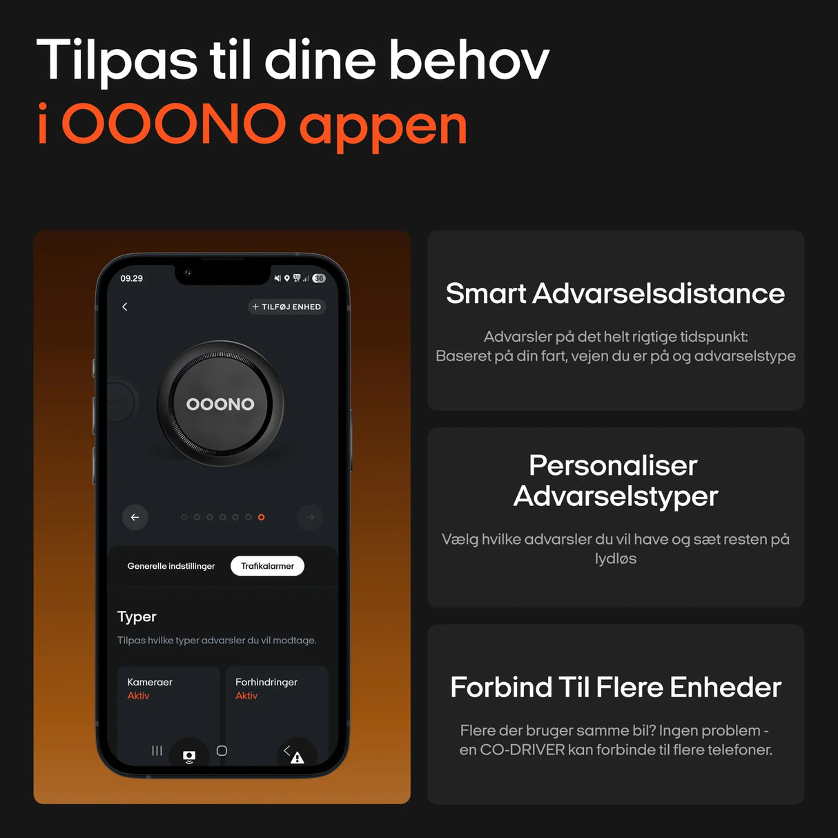 Skærmbillede af OOONO app med indstillinger for advarselsdistance, advarselstyper og enhedsforbindelse
