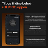 Skærmbillede af OOONO app med indstillinger for advarselsdistance, advarselstyper og enhedsforbindelse