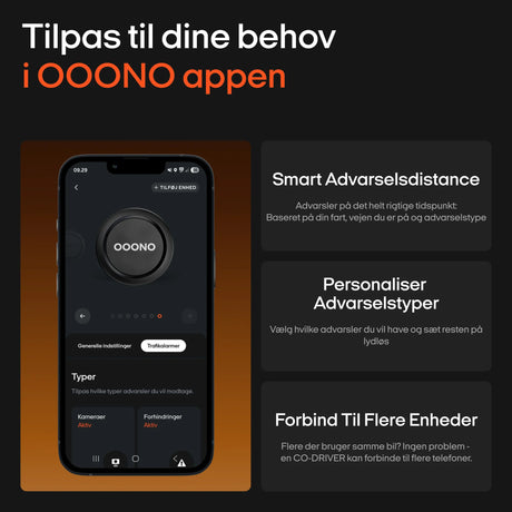 Skærmbillede af OOONO app med indstillinger for advarselsdistance, advarselstyper og enhedsforbindelse