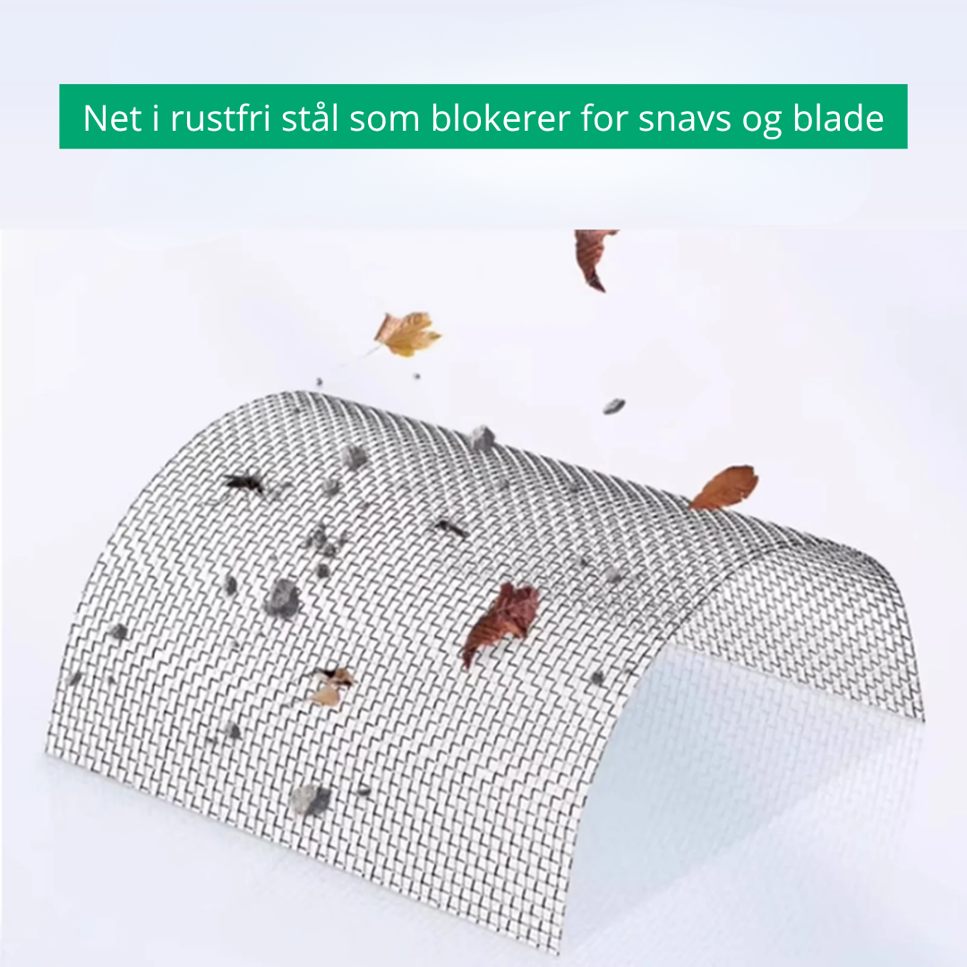 Rustfrit stålnet der blokerer for snavs og blade, illustration med faldende blade og sten