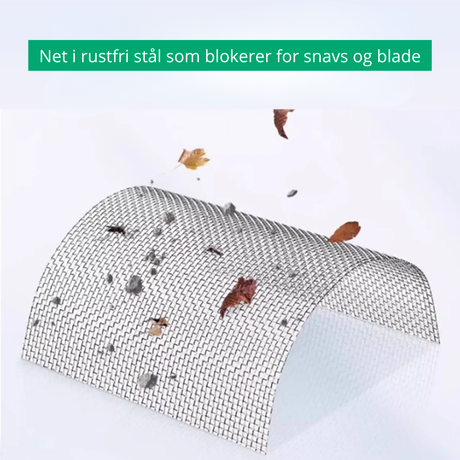 Rustfrit stålnet der blokerer for snavs og blade, illustration med faldende blade og sten