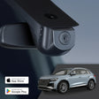 GCG MAX 4K Dashcam monteret ved bakspejlet i Audi Q4 e-tron, med reklame for gratis app til iOS og Android