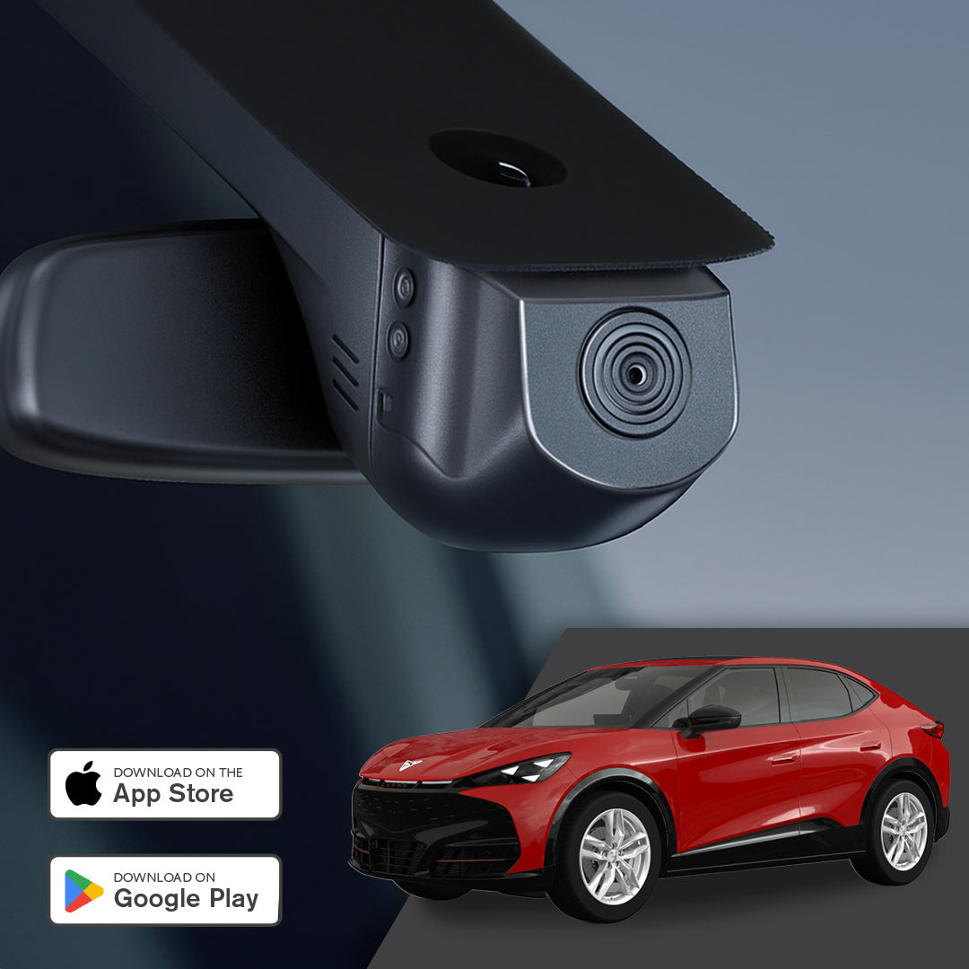 GCG MAX 4K Dashcam til Cupra Tavascan - promobillede med kamera og app-download links