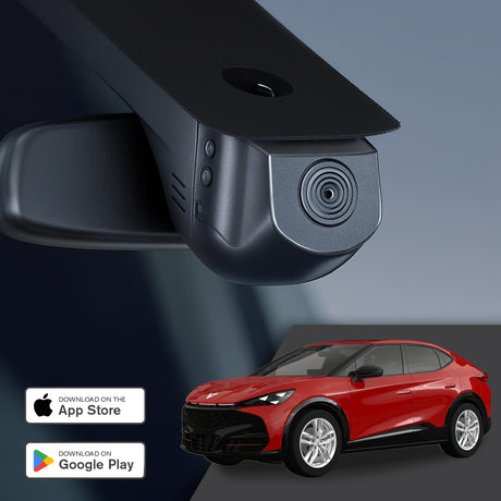 GCG MAX 4K Dashcam til Cupra Tavascan - promobillede med kamera og app-download links