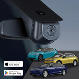 GCG MAX 4K Dashcam monteret ved bakspejlet med VW ID.3, ID.4 og ID.7 i baggrunden samt app-badges til App Store og Google Play