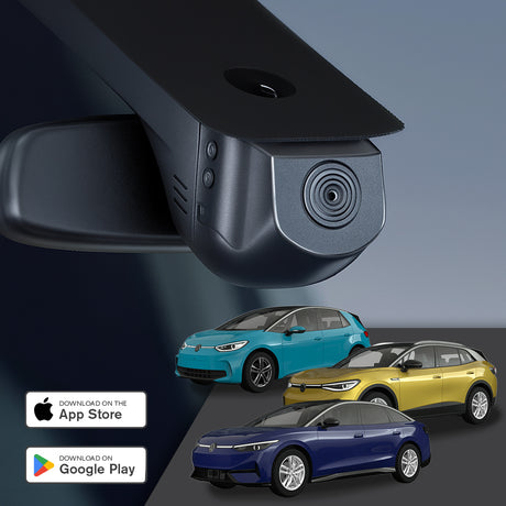 GCG MAX 4K Dashcam monteret ved bakspejlet med VW ID.3, ID.4 og ID.7 i baggrunden samt app-badges til App Store og Google Play