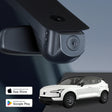 GCG MAX 4K Dashcam monteret ved bakspejlet i Volvo EX30, med reklame for gratis app til iOS og Android
