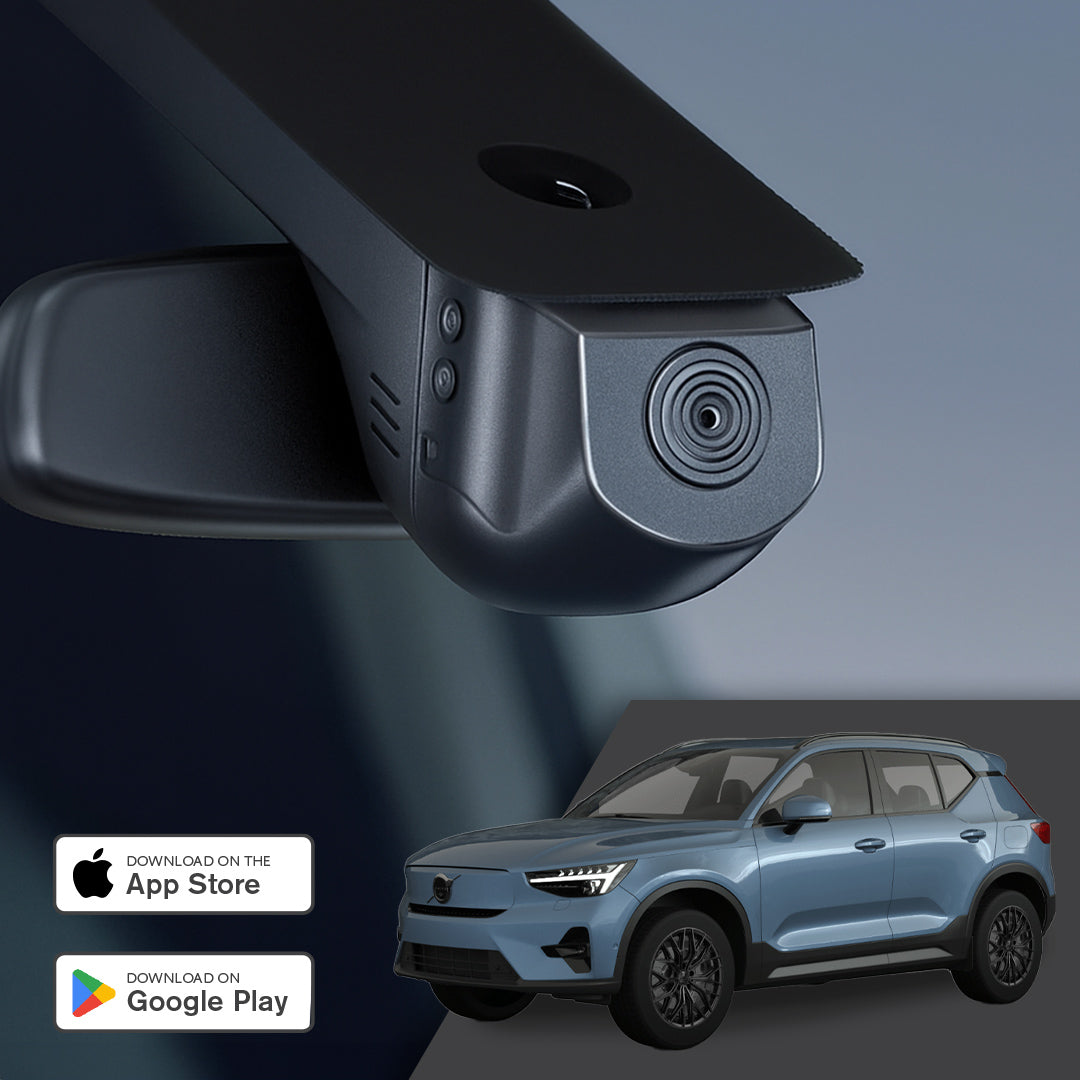 GCG MAX 4K Dashcam monteret ved bakspejlet i Volvo EX40, med reklame for gratis app til iOS og Android