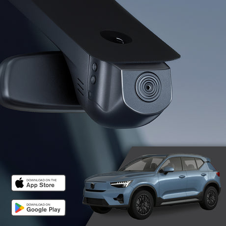 GCG MAX 4K Dashcam monteret ved bakspejlet i Volvo EX40, med reklame for gratis app til iOS og Android
