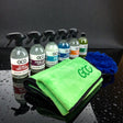 GCG MAX bilpleje pakke med flere spray-flasker, grøn mikrofiberklud og blå vaskehandske