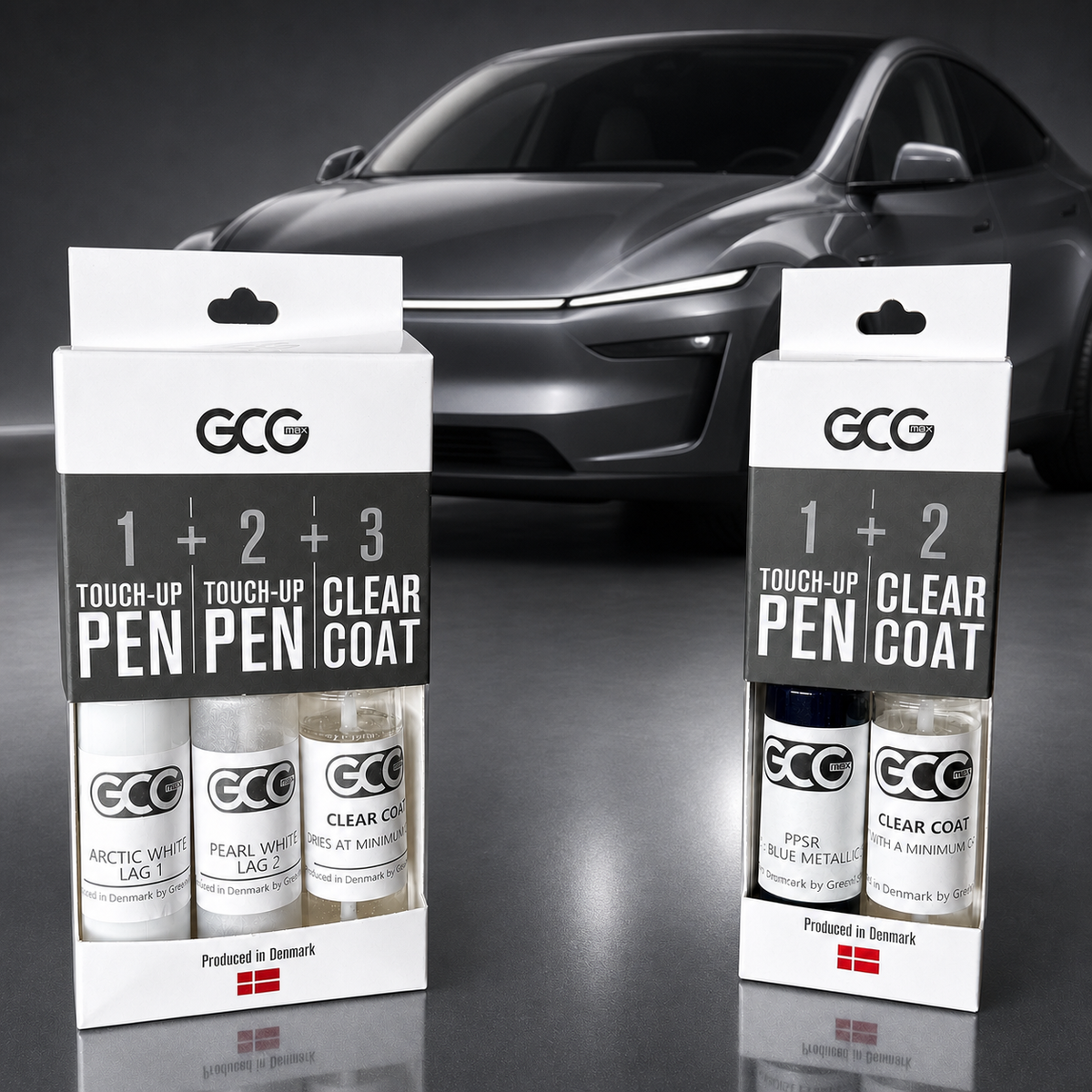 Lakkstift + klarlakk. Tesla originalfarge