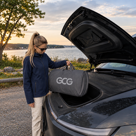 GCG MAX LevelComfort madras pakket sammen, hvor en kvinde står foran en Tesla med taske med madrassen i hånden.