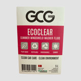 Nærbillede af GCG MAX EcoClear-etiket med mærker: plantebaseret, genanvendelig, biologisk nedbrydelig