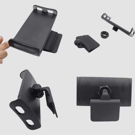 Fire billeder af GCG MAX tablet/telefonholder, forskellige vinkler og komponenter