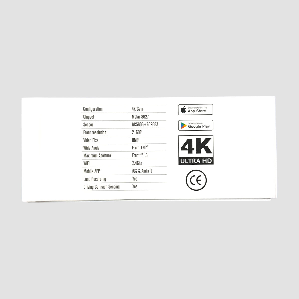 Tekniske specifikationer for GCG MAX Dashcam 4K: konfiguration, chipset, sensor, opløsning og WiFi
