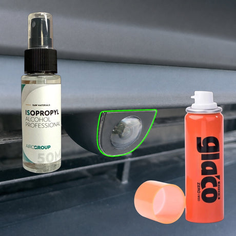 Kameracover-pakke med isopropylalkohol, markering af bilkameraets placering og Glaco Mirror Coat Zero spray