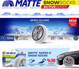 Matte Super-X snesokker til biler med logo og tekniske specifikationer.