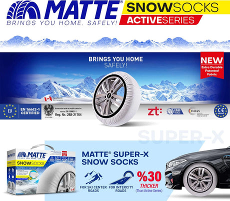 Matte Super-X snesokker til biler med logo og tekniske specifikationer.