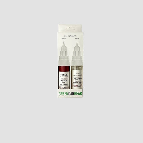 GCG lakstift med farven red multicoat og klarlak pakket ind 