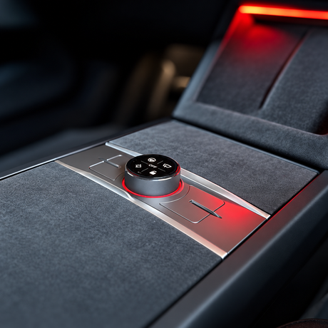 S3XY Knob monteret i Teslaens midterkonsol med rødt LED-lys og digitalt display, der viser 20 °C.