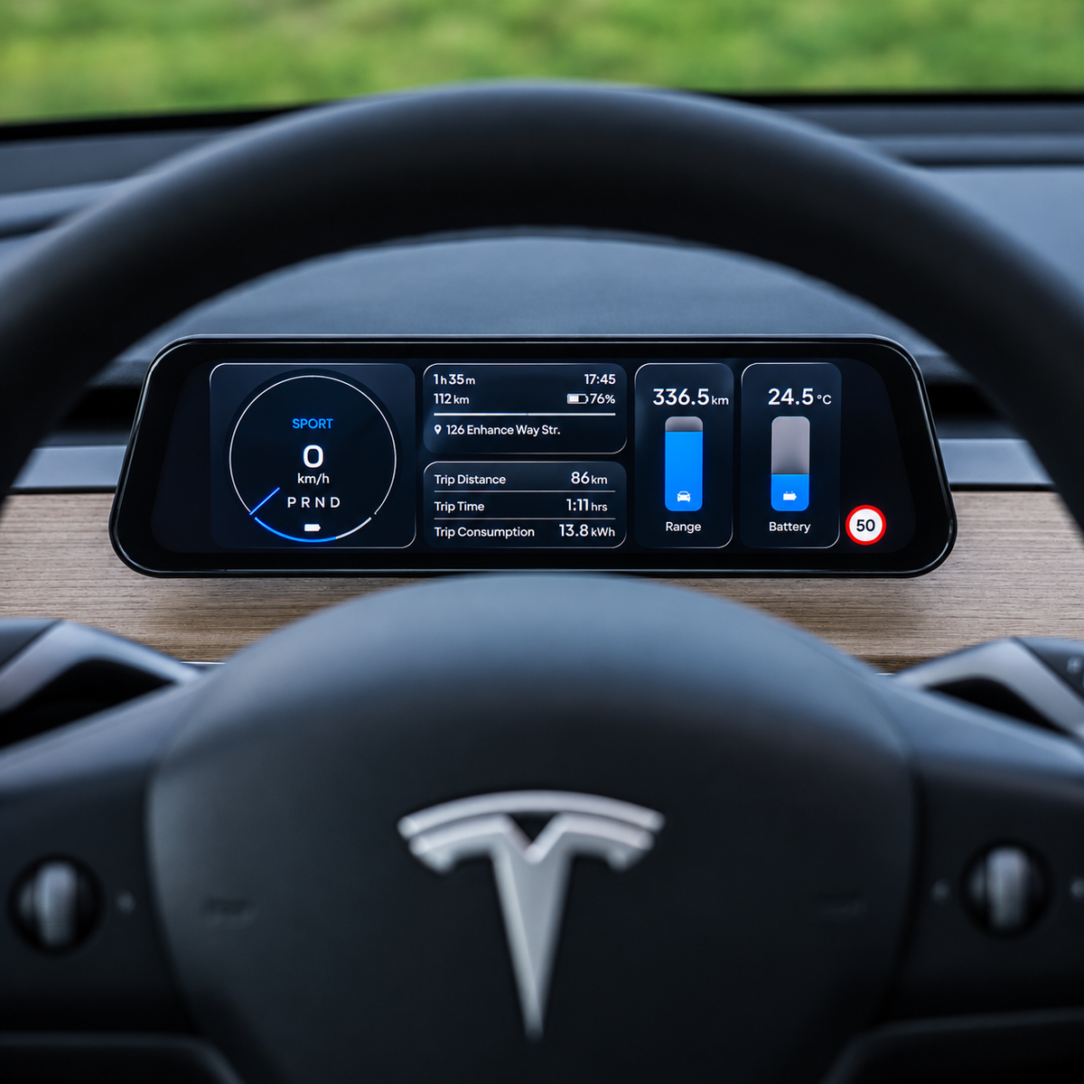 S3XY Dash instrumentdisplay monteret bag rattet i Tesla Model 3/Y